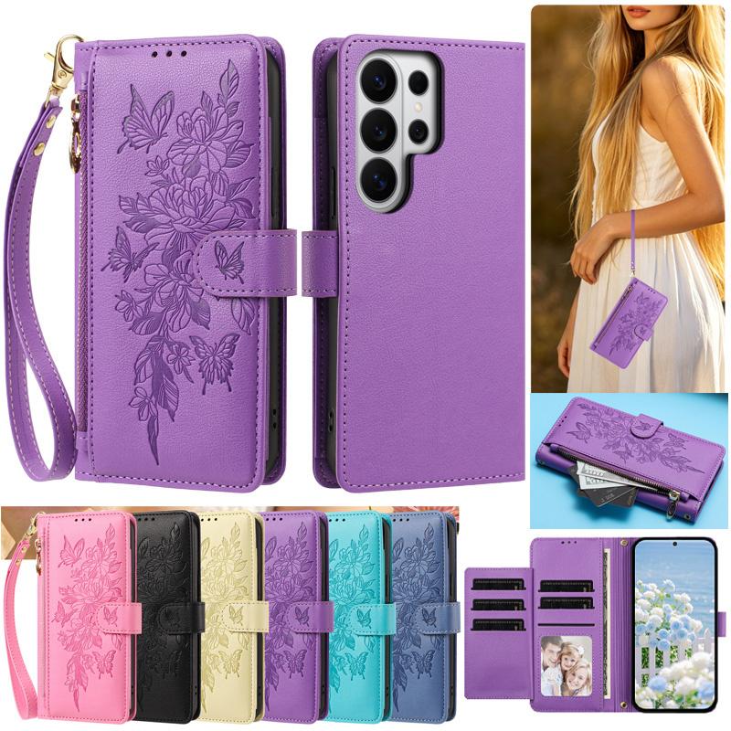 Modische Reißverschluss-Geldbörse Karten-Handyhülle für Samsung Galaxy S26 Ultra S25 FE S24 S23 S22 Plus Armband Flip Leder-Rückseite