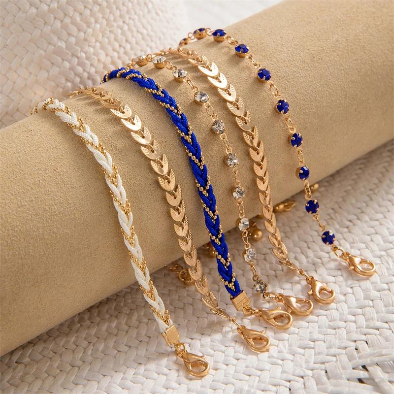 4pcs/set Bohemia Shell Bracelets for Women Ethnic Style Colorful Zircon Rice Beads Metal Chain Summer Beach Jewelry Accessories