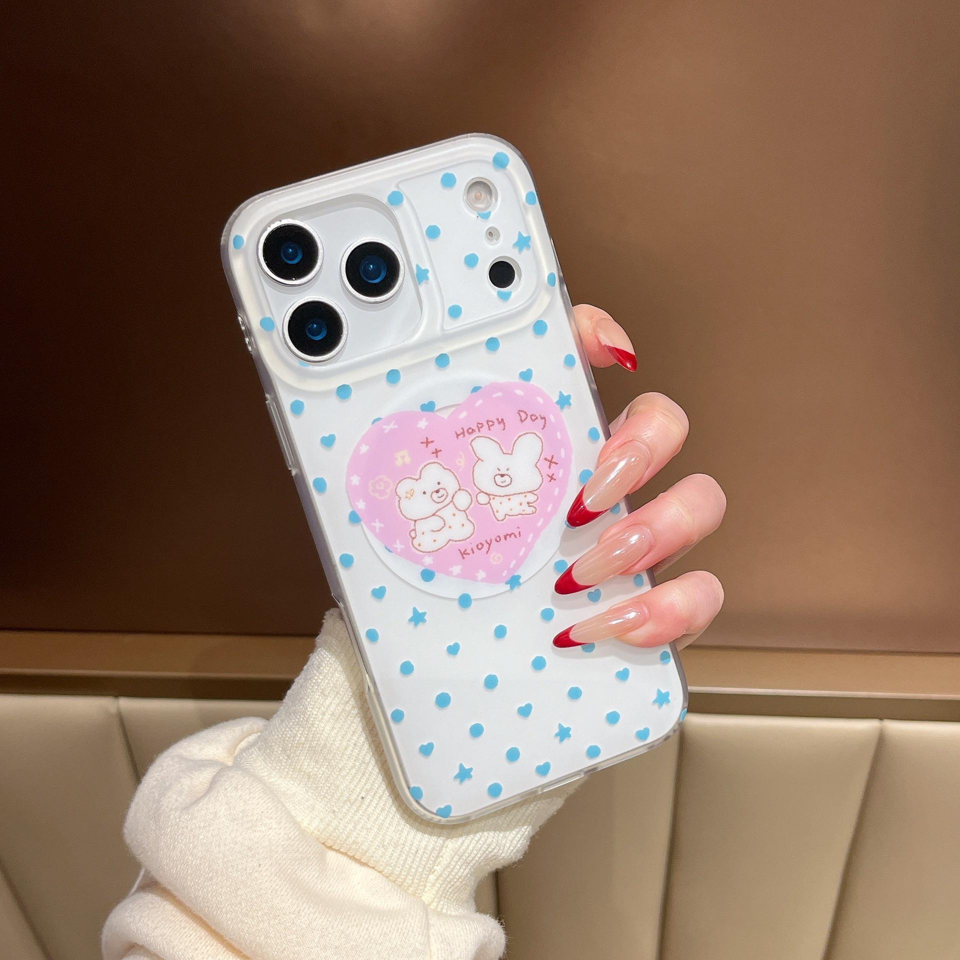 

Korean Blue Polka Dot Magnetic Stand Cartoon Case for iPhone 14-17 Pro Max 13