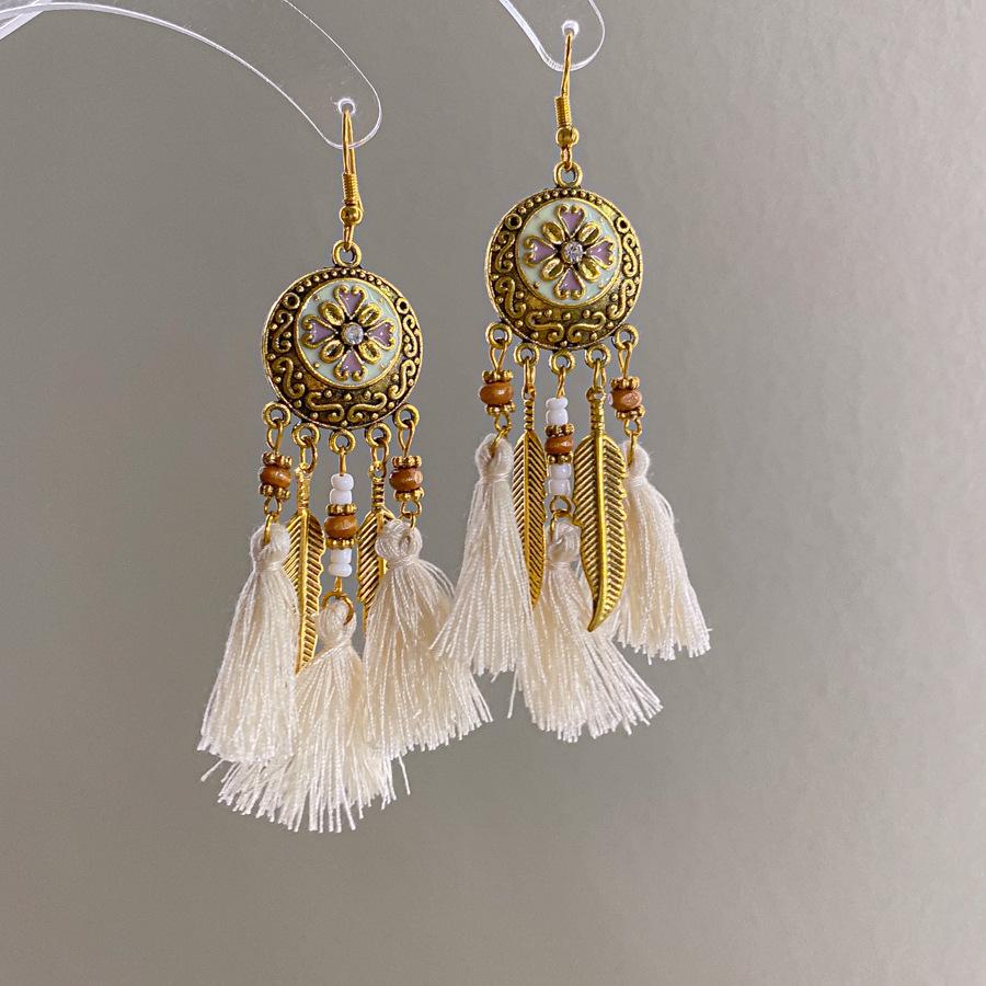 Bohemian Feather Seed Bead Tassel Earrings - Retro Ethnic Dangle Jewelry