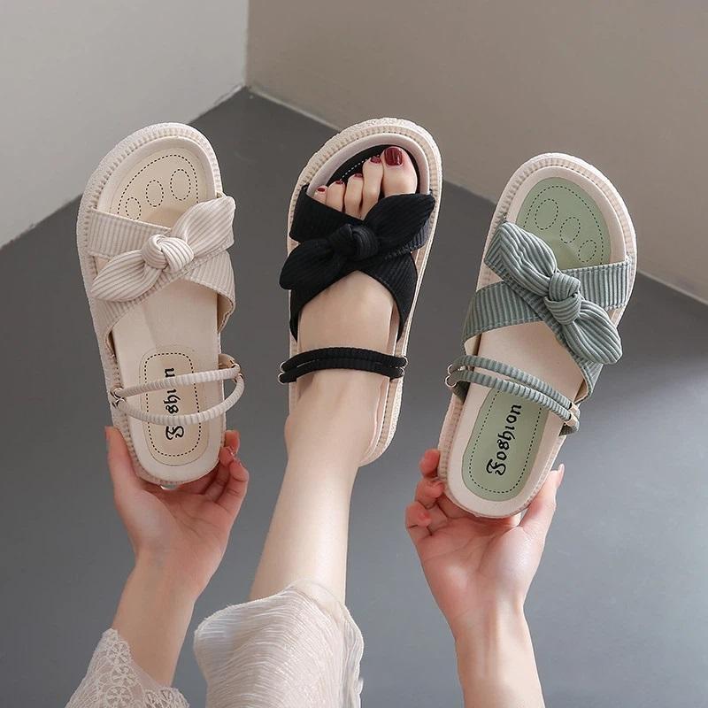 Women's 2-in-1 Platform Bow Sandals Summer Casual Sloping Back Flat Shoes Lightweight Beach Shoes