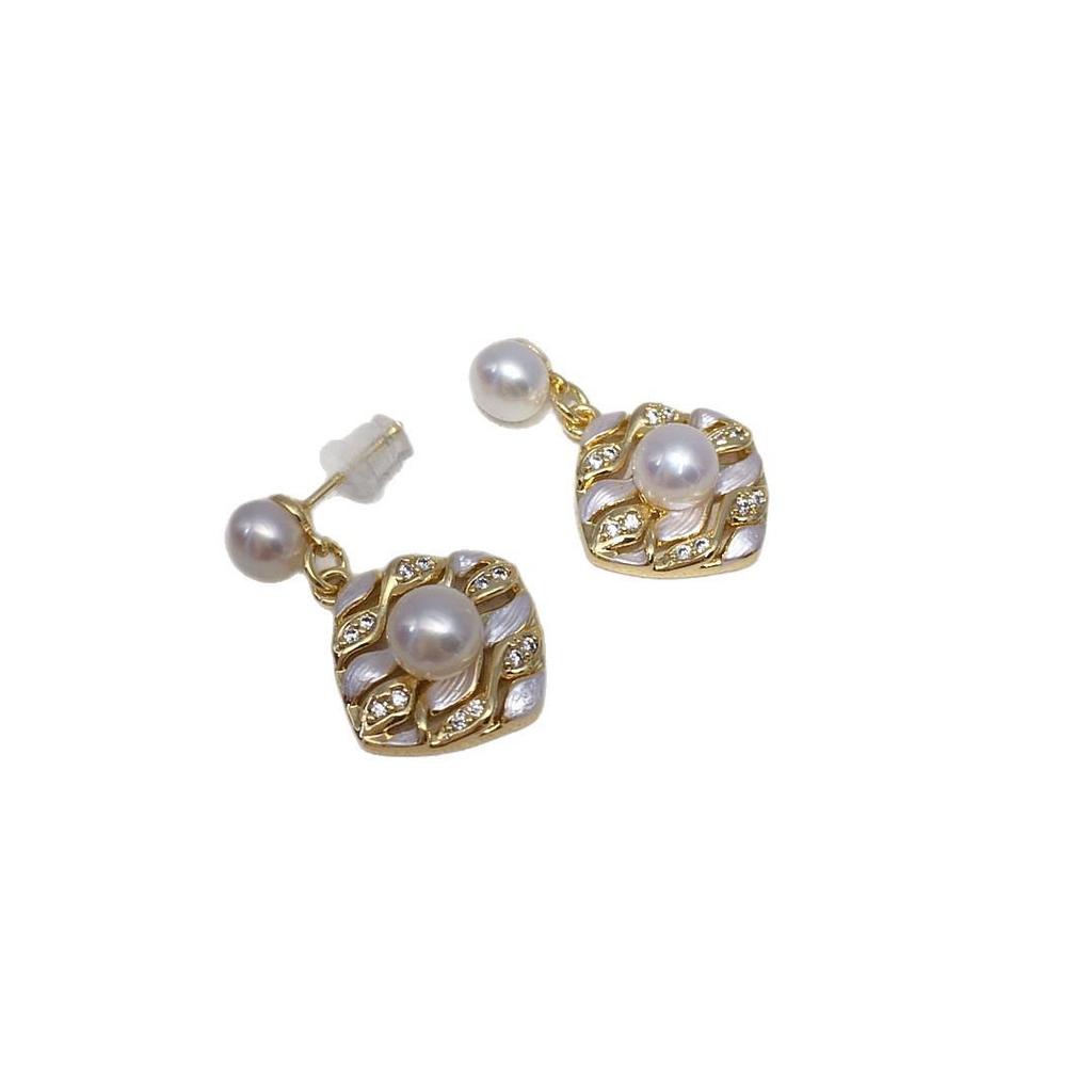 Pearl Stud Earrings - Natural Freshwater, Geometric Diamond Design, Elegant Retro Style Jewelry