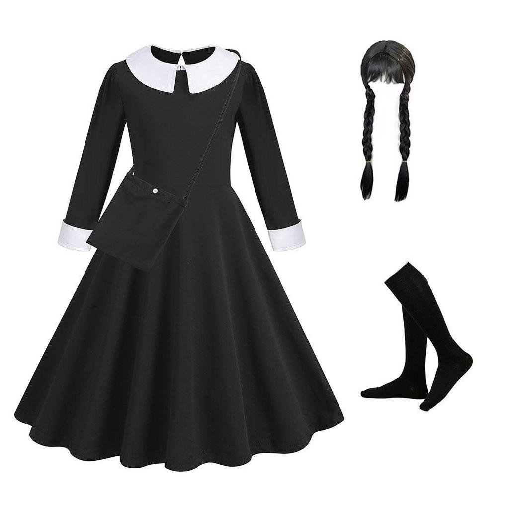 Abito Cosplay Nero in Seta di Latte di Wednesday Addams