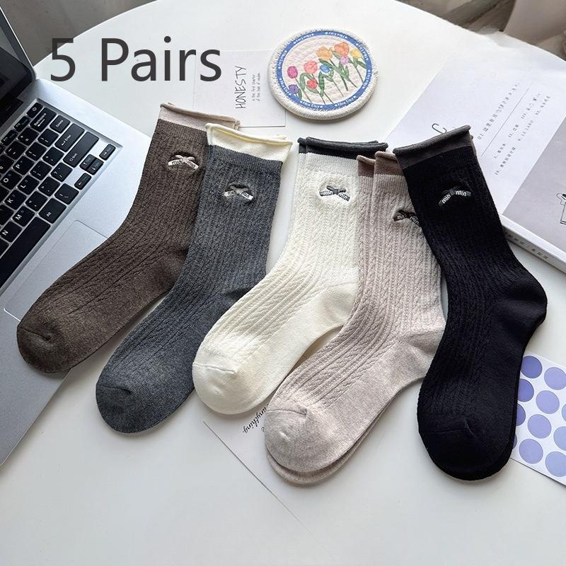 

5 Pairs of Rolled-up Bow Socks for Women, Mid-calf Socks for Autumn and Winter, Multi-color Ballet-style Pile Socks for Women 5 pairs