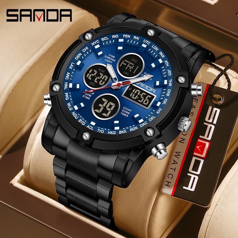 Sanda Tide Men's Dual Display Chronograph Watch: Cool Steel Band, Large Screen, Multifunctional, Waterproof, with Alarm Clock.