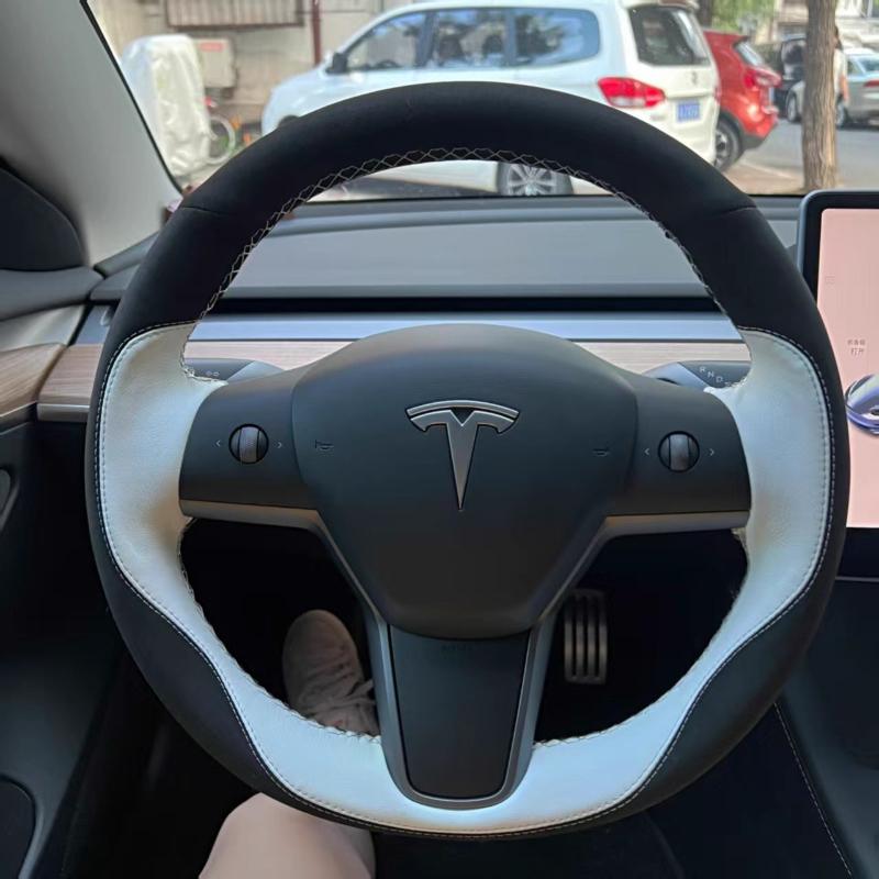 

Для Tesla Model 3 Model Y 2018- Ручна прошивка Нековзкий Чорно-білий Шкіряна накладка на кермо автомобіля 5