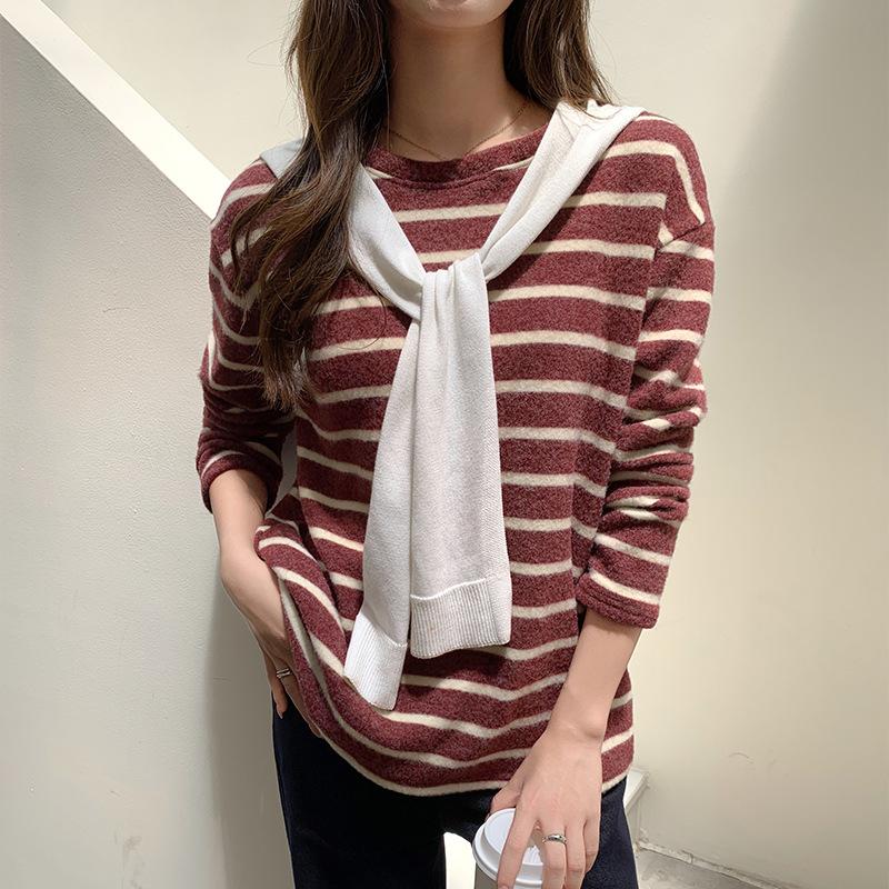 Crew neck striped polished long-sleeved shirt women's autumn and winter lazy style inner bottoming shirt loose top