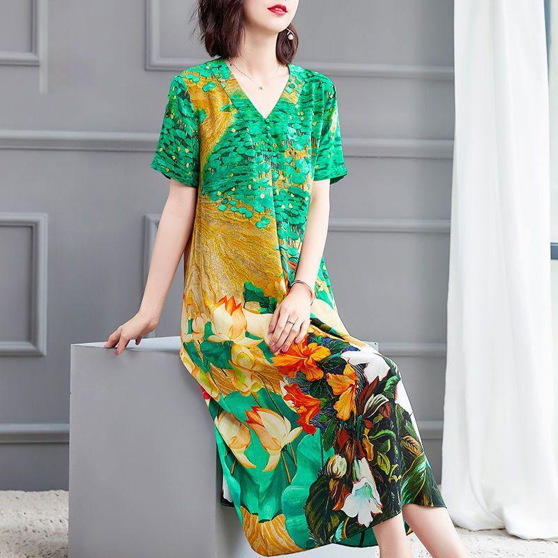 

Элегантные платья с V-образным вырезом и цветочным принтом, винтажные, в народном стиле, летние, стильные, со складками на пуговицах, женская одежда, повседневное миди-платье с коротким рукавом XL