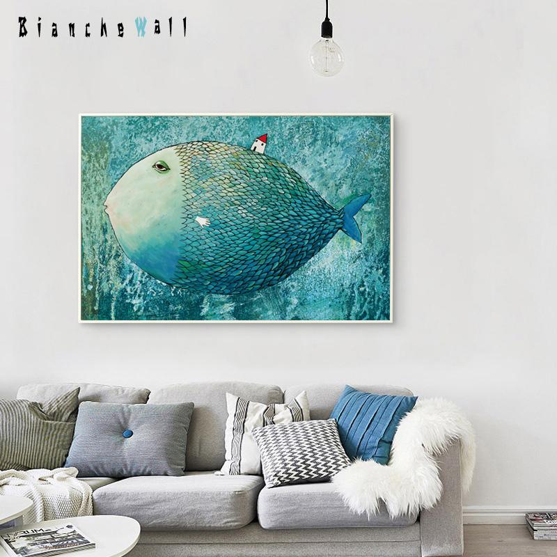 Elegant Poetry Modern Cartoon Nordic Big Fish Small House Canvas Painting Art Print Poster Picture Home Decoration Wall Decor