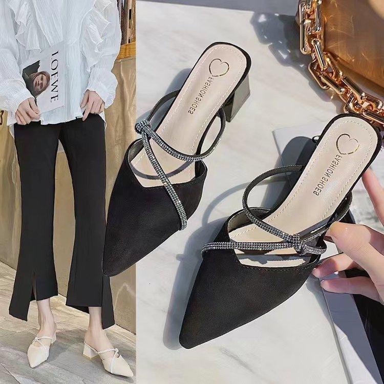 Sandały letnie z noskiem i cyrkoniami, na średnim obcasie, z zakrytymi palcami, nowe, na grubszym obcasie, codzienne i wygodne, z jednym paskiem na palce