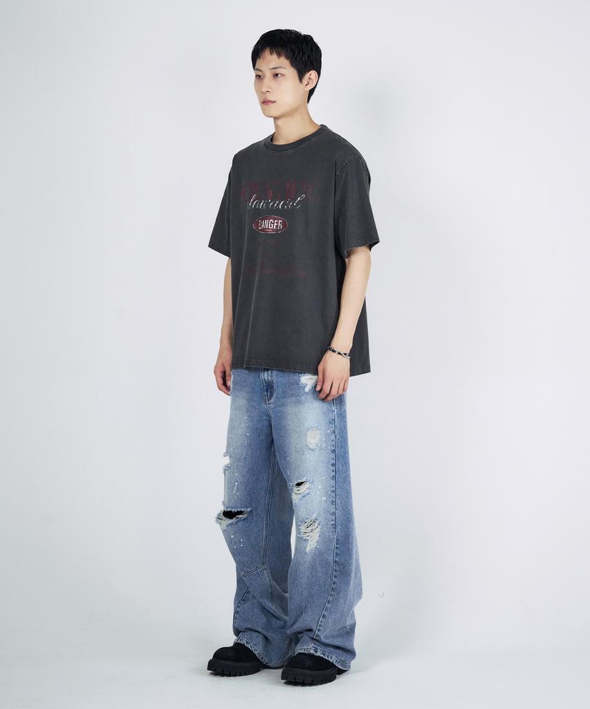 SLOWACID Pigment Danger Sign Short Sleeve T-Shirt [Charcoal]