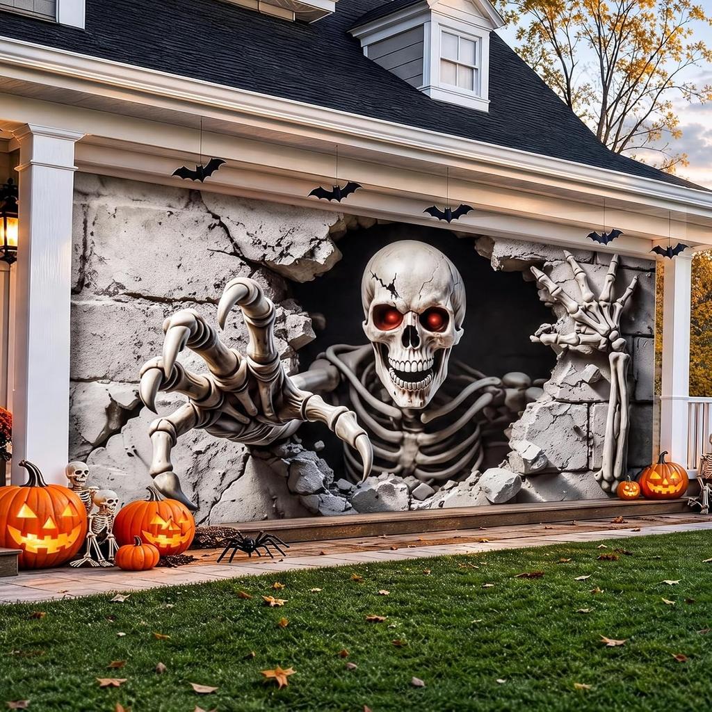 Große weiße 3D-Skelett Halloween Garagentorabdeckung Kulisse Dekoration