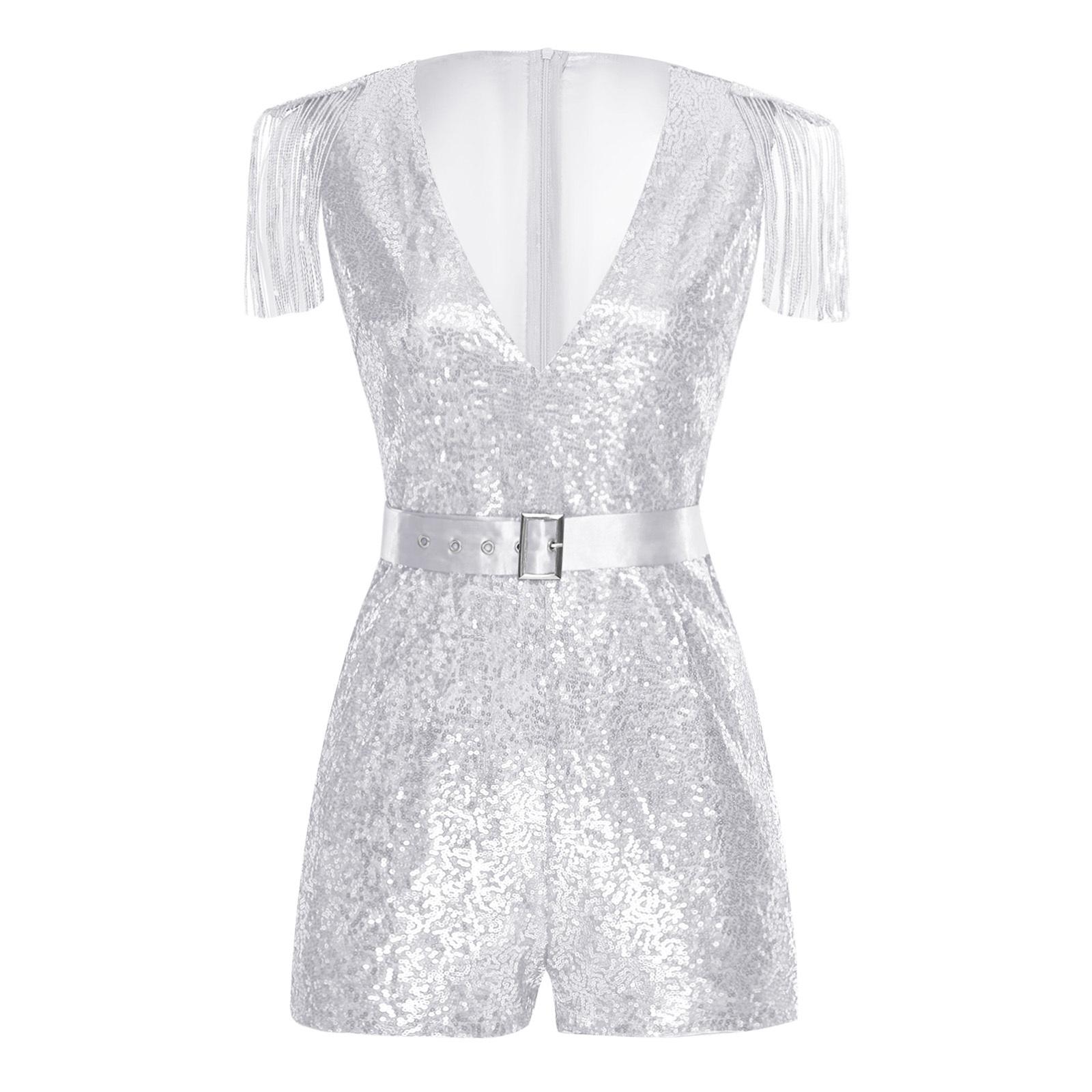 

Womens Sparkly Party Jumpsuit V Neck Sleeveless Sequined Tassel Detail Thigh Length Adjustable Belt Elegant Outfit S срібний