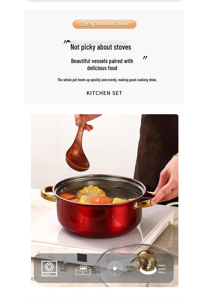 Cross-Border Stainless Steel Non-Stick Pot Set with Gold-Plated Handles