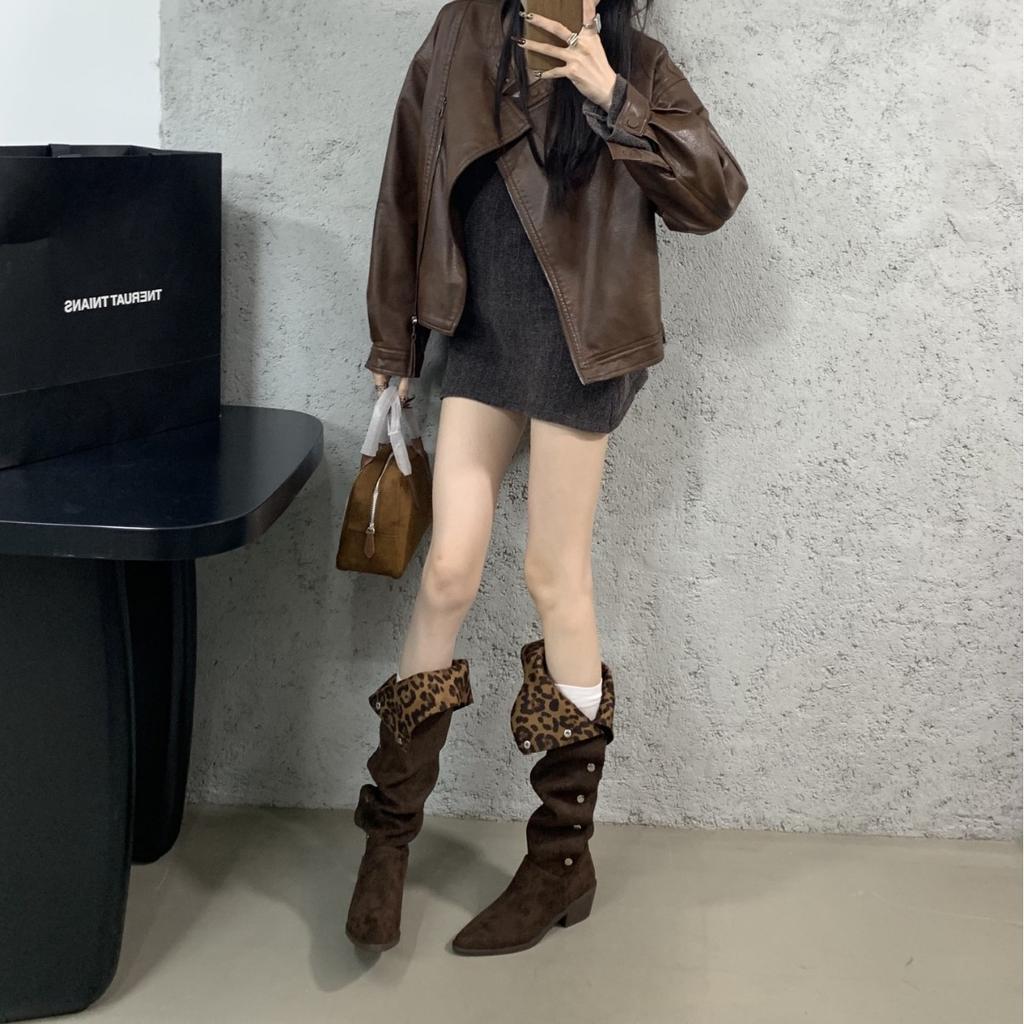 Internet Celebrity Leopard Print Fashion Knee Boots Women 2025 Autumn New Wear Versatile Three Wear Heightening Fashion Boots Shoes