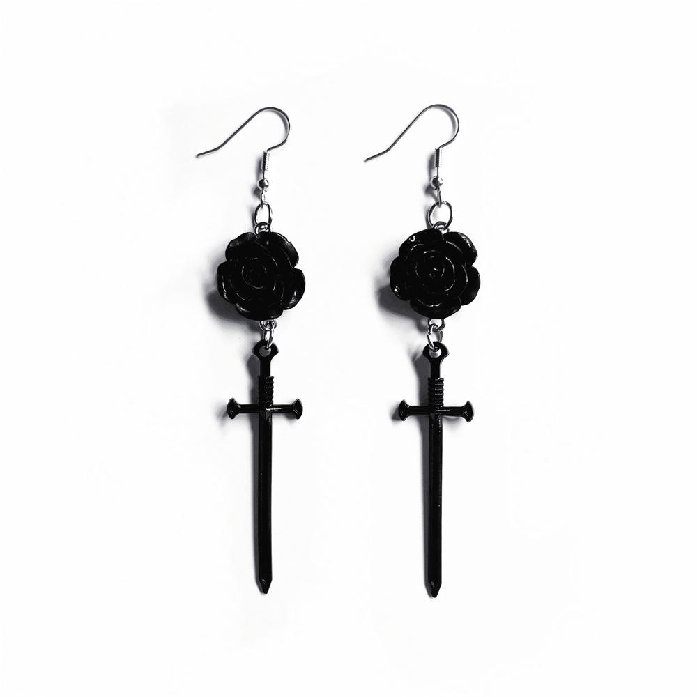 Gothic Black Roses and Cross Pendant Earrings Jewelry