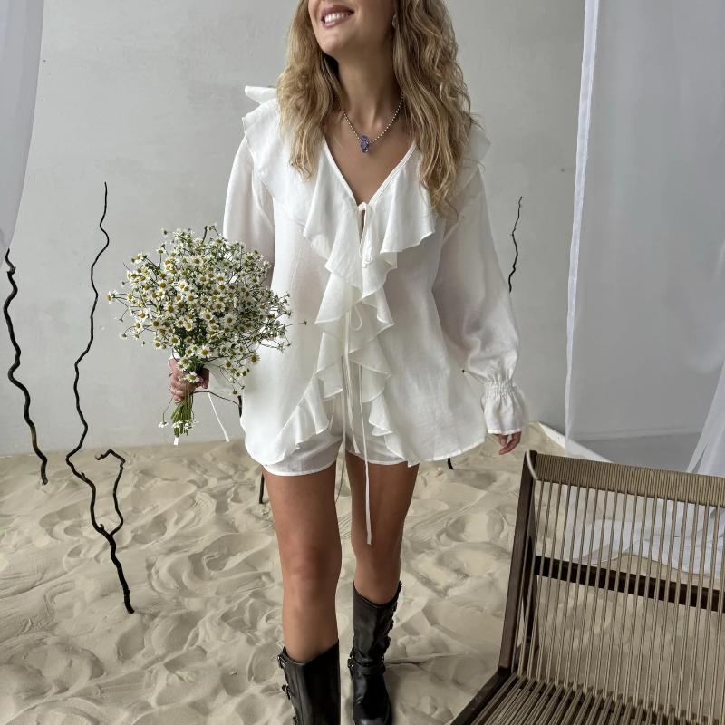 Summer Designer Ruffles Fashion Casual Suit Lace-Up Cardigan Shirt Top + Shorts Two Peice Sets Women Loose Suits
