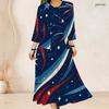 Women Plus Size Two Piece Dress Set Tie Neck Three Quarter Sleeve Firework Printed Dark Blue Long Dress
