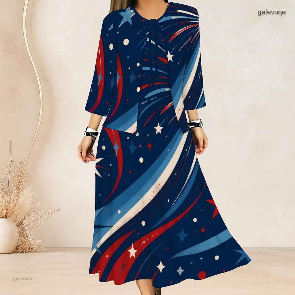 Women Plus Size Two Piece Dress Set Tie Neck Three Quarter Sleeve Firework Printed Dark Blue Long Dress