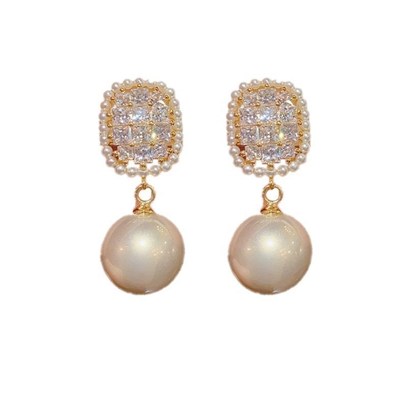 Exquisite Sparkling Zircon Imitation Pearl Pendant Earrings, Fashionable and Luxurious Wedding Banquet Jewelry Gifts for Women