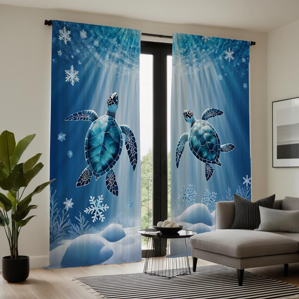 2pcs HD Sea Bottom Romantic Snowflake turtle diving decorative curtain Blue tie digital printed curtain Home Decoration style