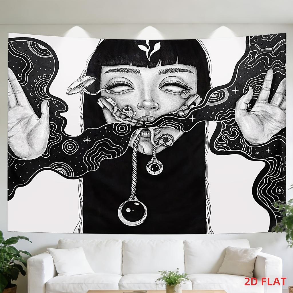 Dark Surrealing psychedelic Girl Tapestry Black and White Hand drawn Universe Mushroom Space Galaxy Cosmic Nebula