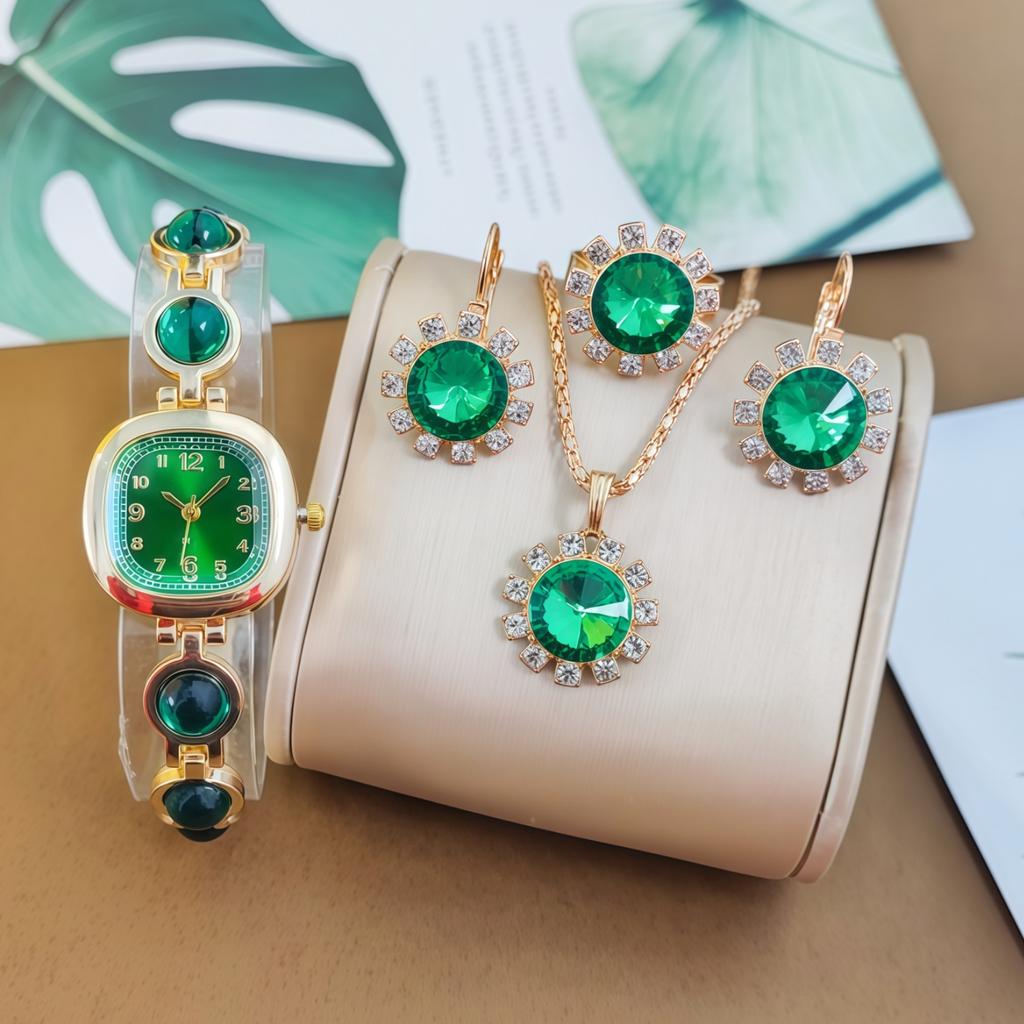 Ladies' Gemstone Set, Quartz Watch, Round Digital Light Luxury Carat Diamond-encrusted Bracelet, Watch Accessory Set.