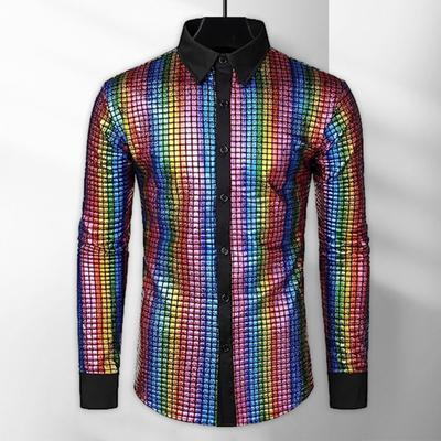 Men Shirt Shiny Smooth Sequin Stand Collar Single-breasted Turn-down Collar Long Sleeve Club Dance Disco Stage Performance Vintage Top