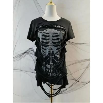 T-shirt American Vintage Finto Due Pezzi Donna Streetwear Hip Hop Gotico Harajuku Grunge Y2k Crop Top T-shirt Punk Teschio Nera