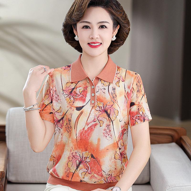 

Elegant Ice Silk Blouse for Middle-Aged and Elderly Women - Stylish Summer Lapel Short Sleeve T-Shirt (2026) XL (100-110 jin) помаранчевий