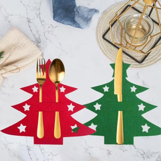 Christmas Cutlery Holder Bag Tree/Heart Shaped Knife Folk Tableware Holder Pockets Felt Dinner Flatware Covers for Christmas Party Dinner Table Decor