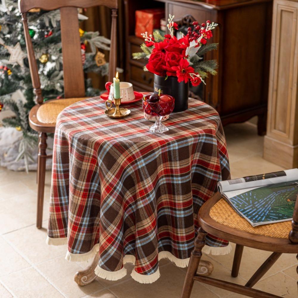 American Retro Christmas Plaid Tablecloth Round Rectangular Dining Tea Table Cover Holiday Decor