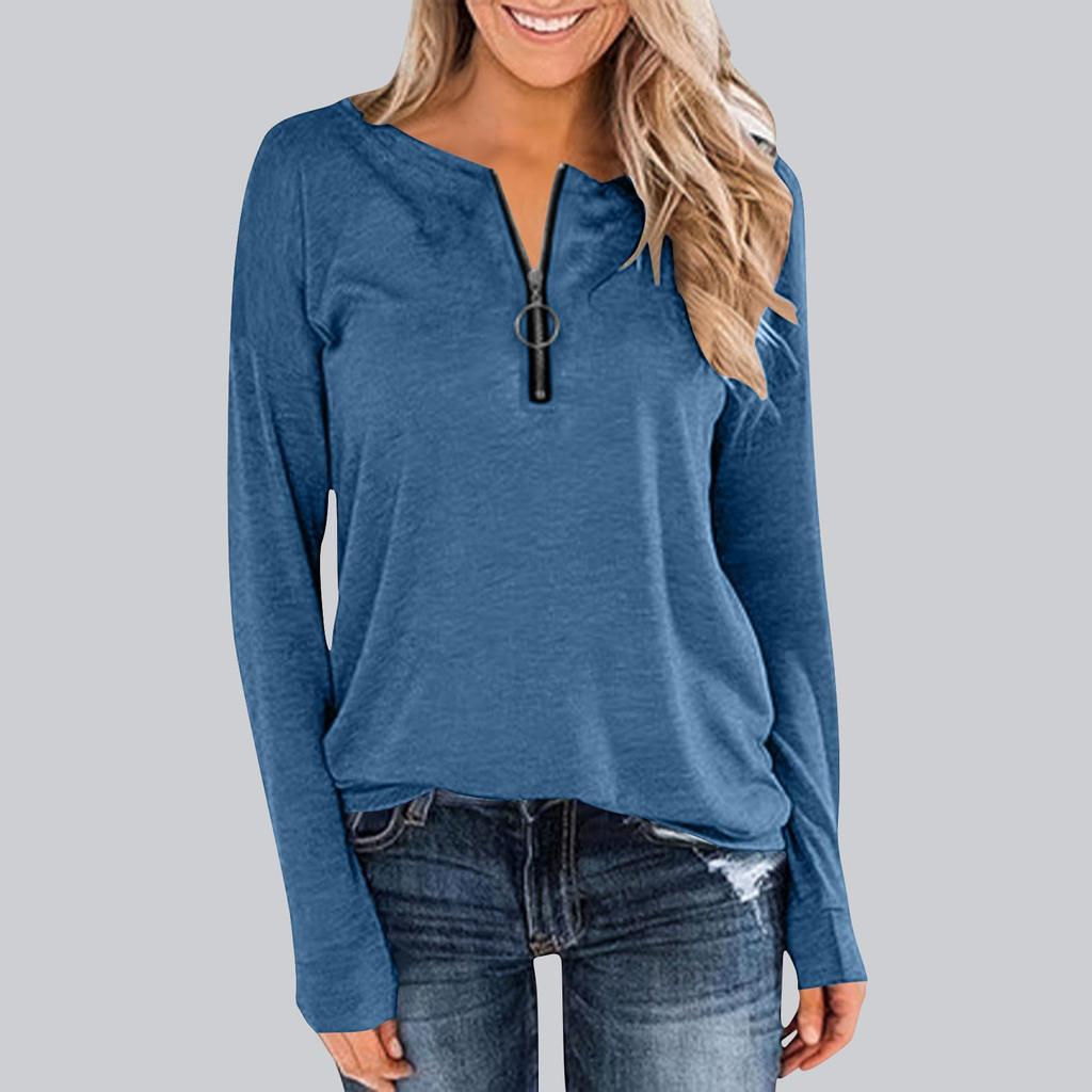 Women's Loose Comfortable Casual Fashionable Long Sleeved Pullover With Zipper And Solid Color Top
