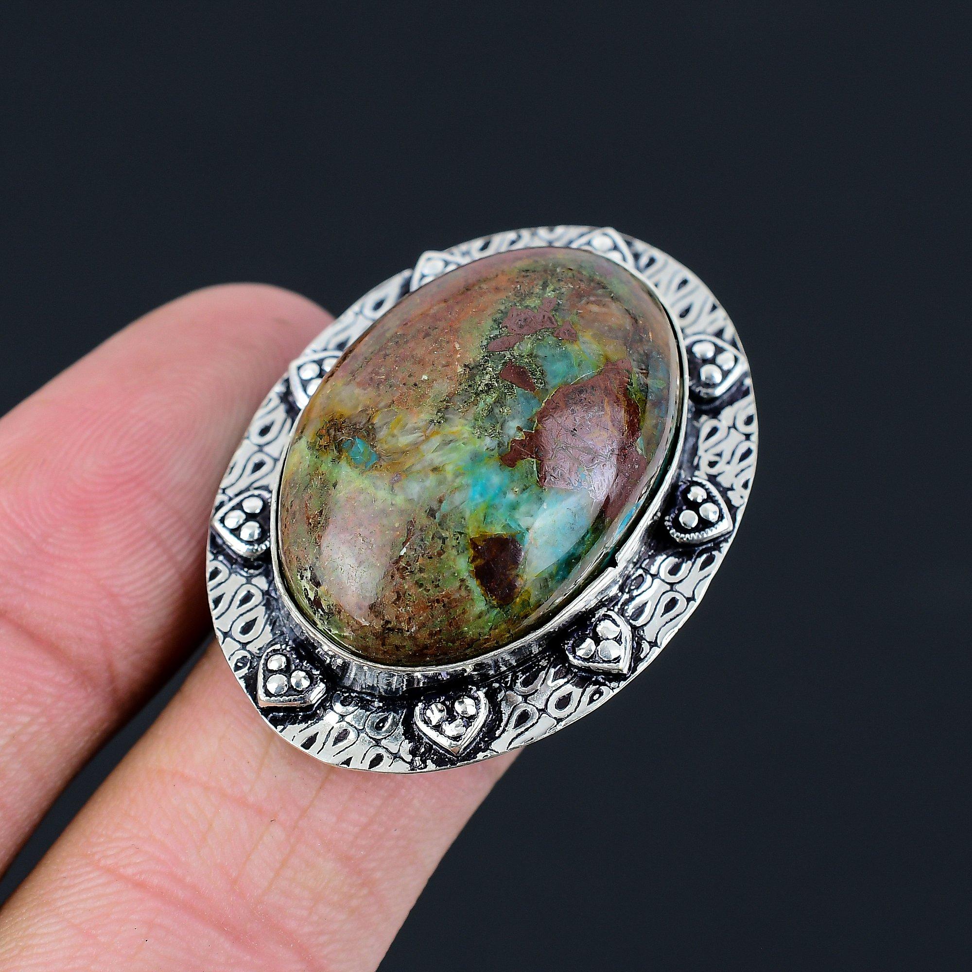 Azurite Malachite Gemstone Statement Boho Ring Jewelry Size 8.5 Sterling Silver 8.5