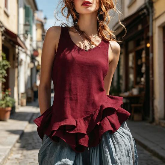 Women Tops Solid Color Loose Fit Breathable Casual Blouse O-Neck Sleeveless Ruffle Splicing Hem Summer Vest Daily Wear