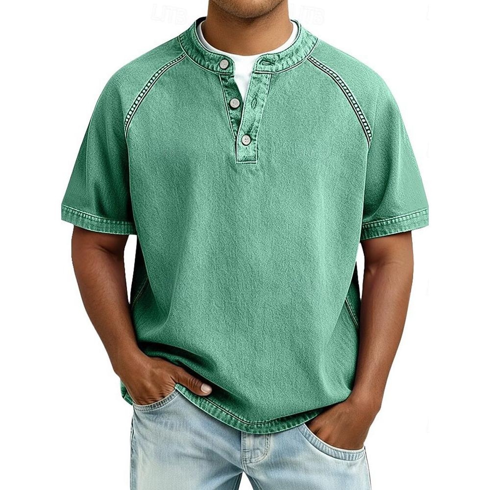 Men's Vintage Washed Henley T-Shirt Casual Solid Color Short Sleeve Tops Breathable Button Placket Tee for St… More