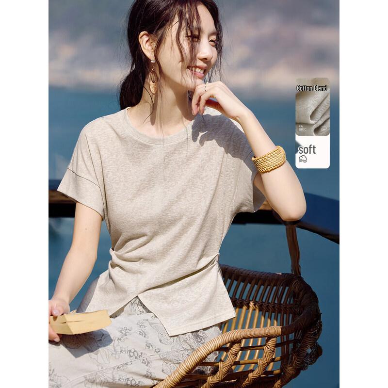 

XWI Women s Pleated Round Neck T-Shirt with Split Hem L