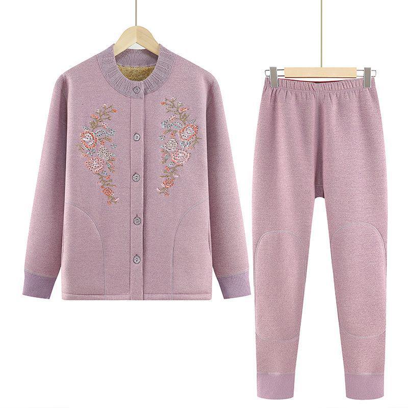 Women's Winter Fleece-Lined Cardigan and Sweater Set for Elderly