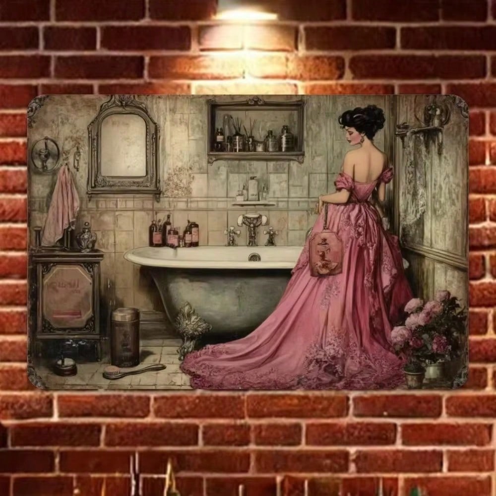 Vintage Bathroom Metal Tin Sign Woman Dressing Retro Wall Art Home Garage Decor