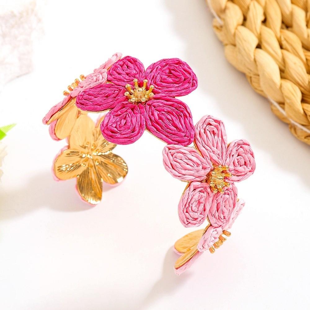 Colorful Raffia Grass Bracelet C-shaped Hand Ring Handmade Woven Flower Bangle Gift