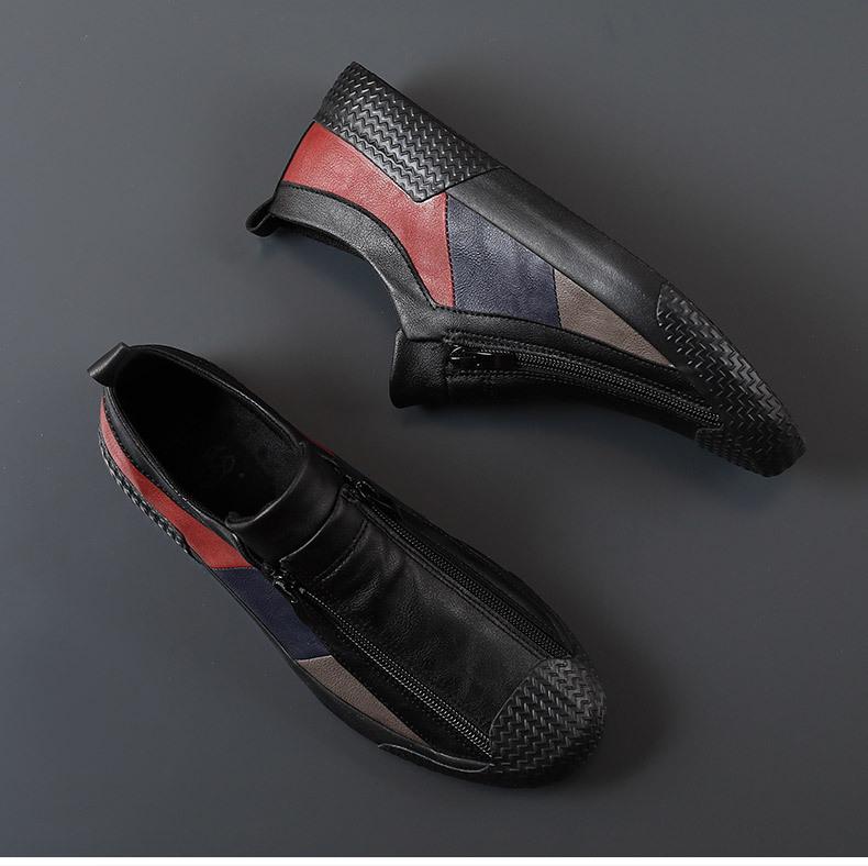 Men's Spring Slip-On Zipper Leather Color Block Casual Low-Top Shoes - Trendy British Versatile Fashion