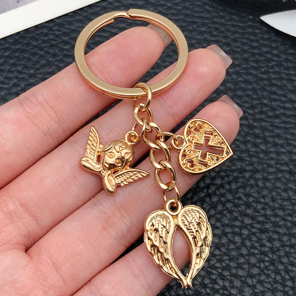 Gold Heart Angel Wings Cross Keychain Pendant