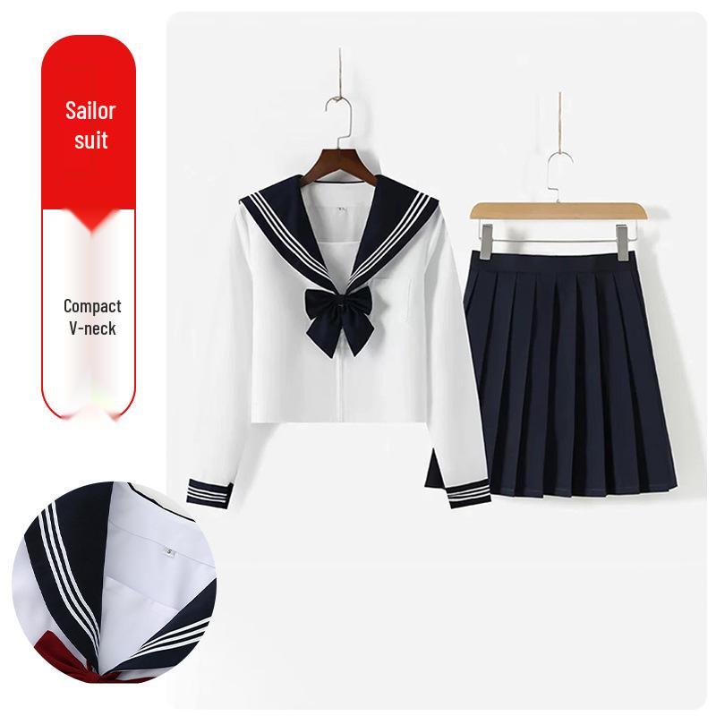 

JK Sailor Suit Set: Black Collar & White Pleated Skirt - Long, Uniform Style, Spring Collection, In Stock XL
