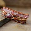 Vintage Ethnic Style Natural Stone Strawberry Quartz 3-strand Cowhide Rope Handmade Woven Wrap Bracelet
