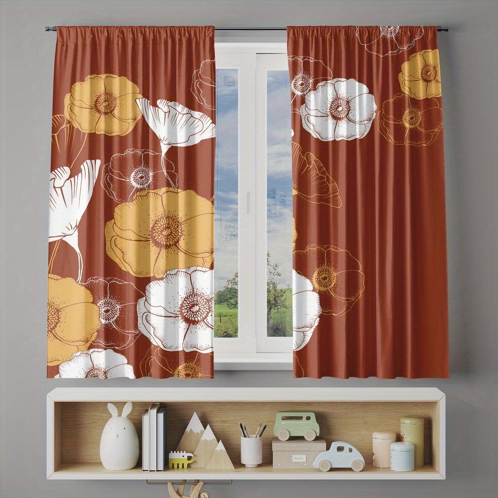 Orange Floral Pattern Curtains Polyester Fabric Suitable Bedroom Living Room Decoration Set Of 2 Made Machine Washable Decor
