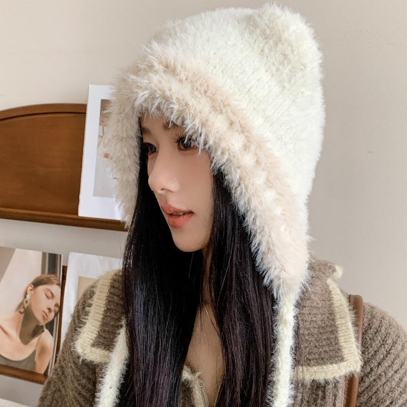 Female autumn and winter cute bear ears plush hat warm windproof cycling ear protection contrasting knitted wool hat