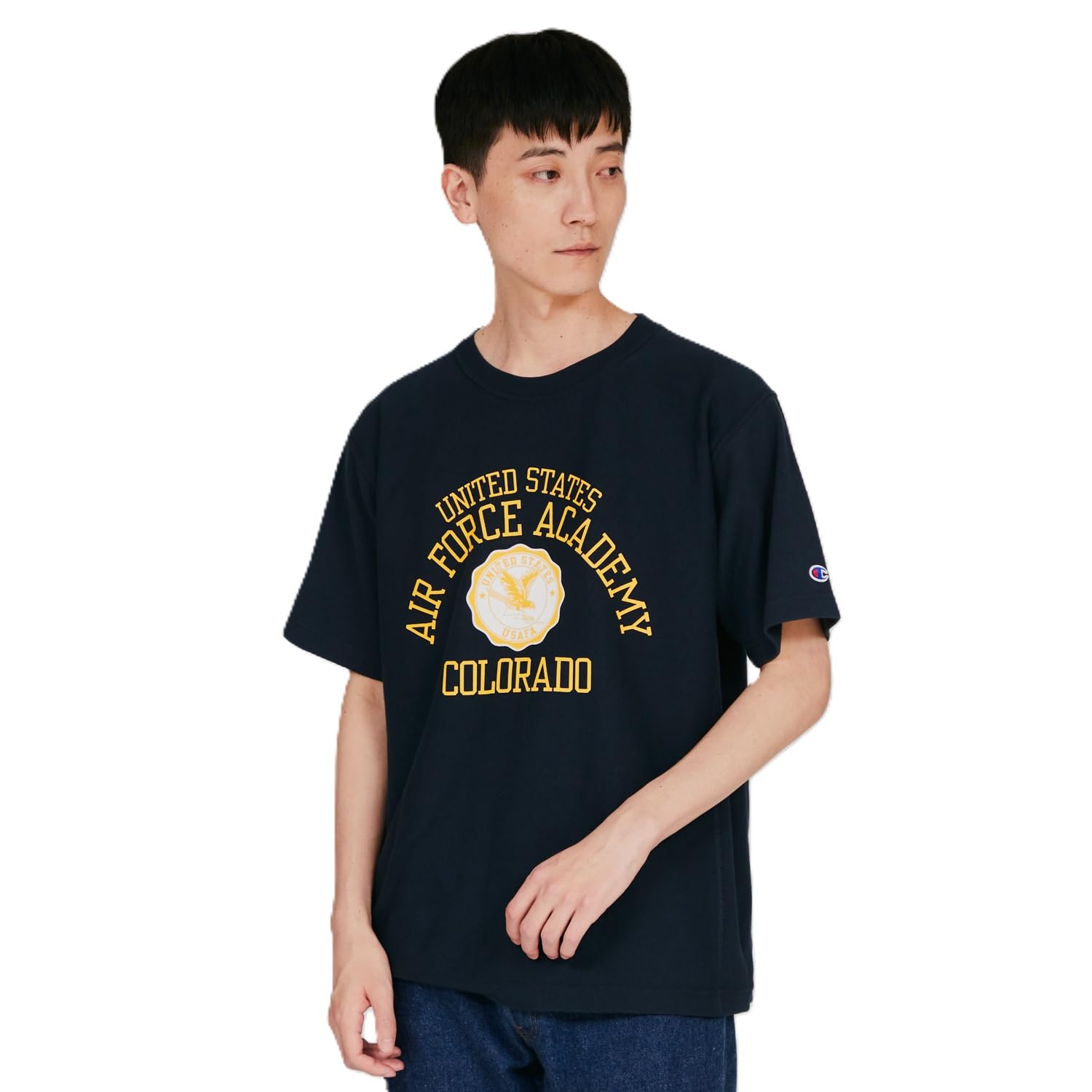 

Champion Modern Футболка с коротким рукавом, короткий круглый вырез, расслабленный графический принт, обратный короткий рукав, темно-синяя, рукава, горловина, 100% хлопок, США, 9,4 унции, посадка, принт, переплетение(р)