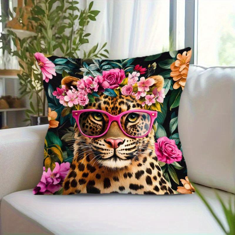 1Pc Leopard In Pink Glasses Flower Crown Throw Pillow Cover, Suitable For Sofa,Bedroom,Living Room,A Fun Gift For Animal Lovers.