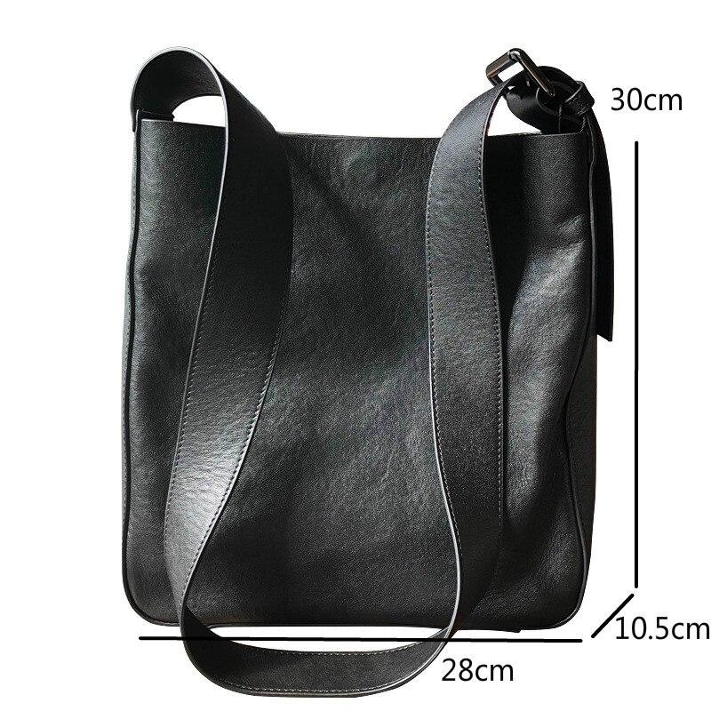 Leisure Women Big Bag Genuine Leather Wide Belt Bucket Bag Soft First Layer Cowhide Shoulder Bag