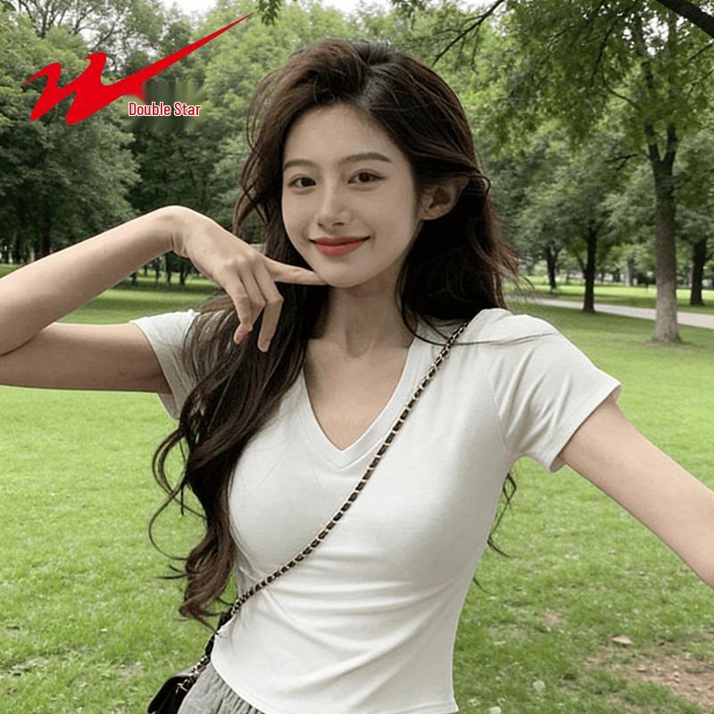 Shuangxing Women's V-Neck Slim Fit Short Sleeve T-Shirt